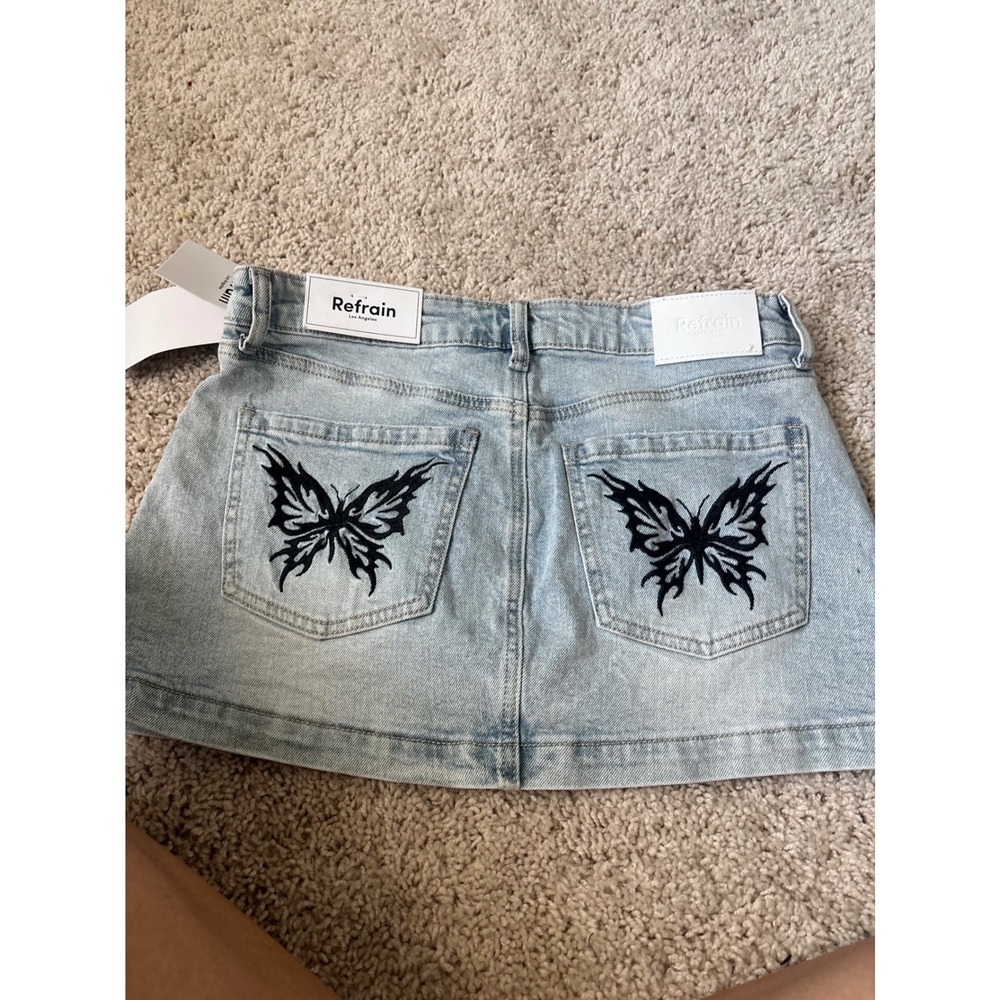 Butterfly Denim Mini Skirt Light Wash Y2K Embroidered Refrain Los Angeles 7/28